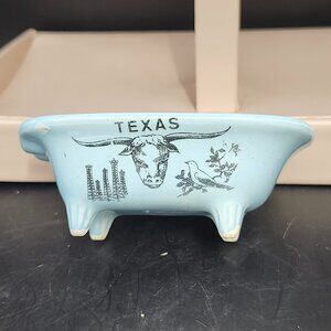 Vintage Alamo Texas Bath Tub Ashtray Souvenir Longhorn Light Blue Made In USA
